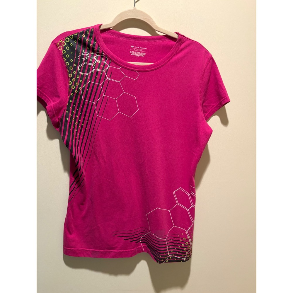 Tek Gear Womens Magenta Pink Graphic Activewear T-Shirt Large Hexagon Print